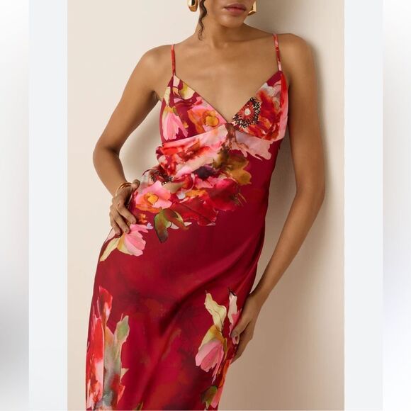 HEMANT & NANDITA Tuhi maxi dress Vibrant Red Pink floral slip NWT Revolve L - Picture 3 of 12